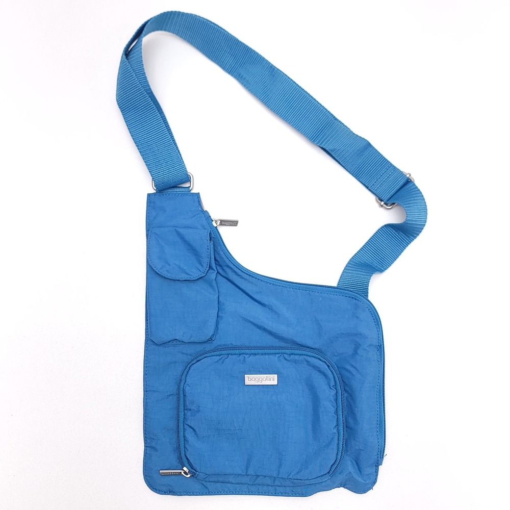 Baggallini Blue Nylon Flat Crossbody Sling Bag Messenger Travel Purse Compass